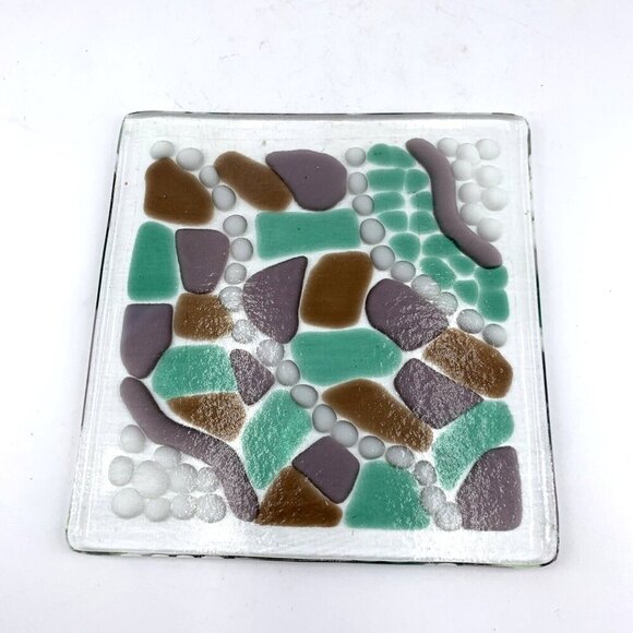 Fused Art Glass Tile Trivet Cobblestone Abstract Mosaic Patchwork 6" Square - Picture 7 of 7